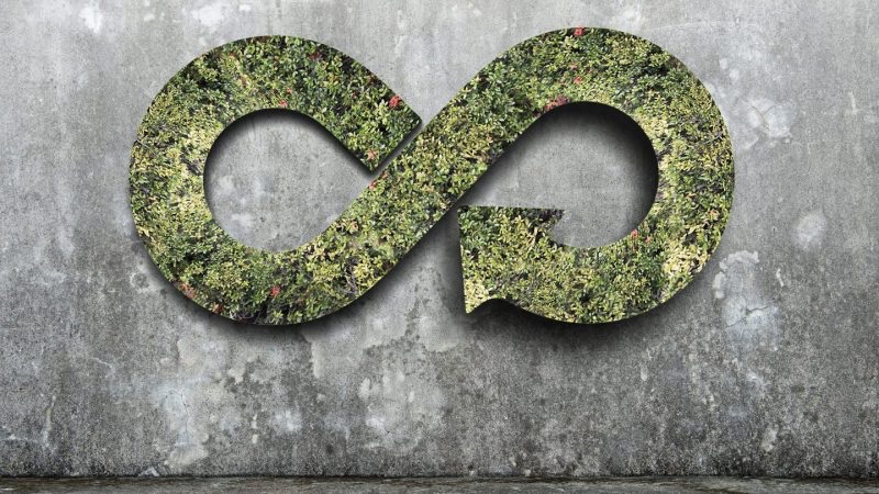 grass in the shape of an infinity symbol, concrete background - sustainability concept