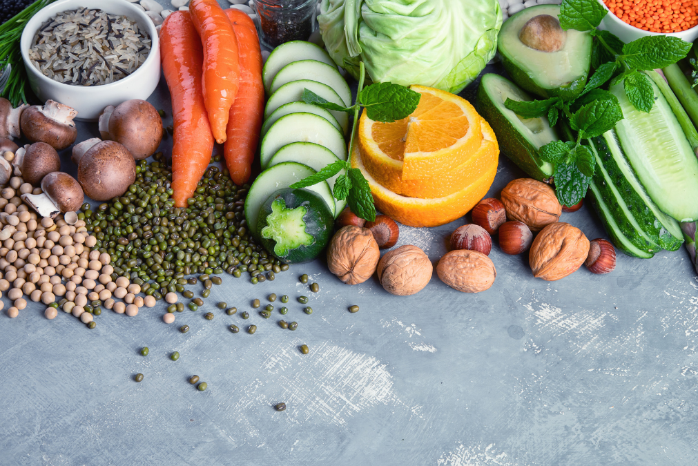 various foodstuffs, ingredients laid out attractively