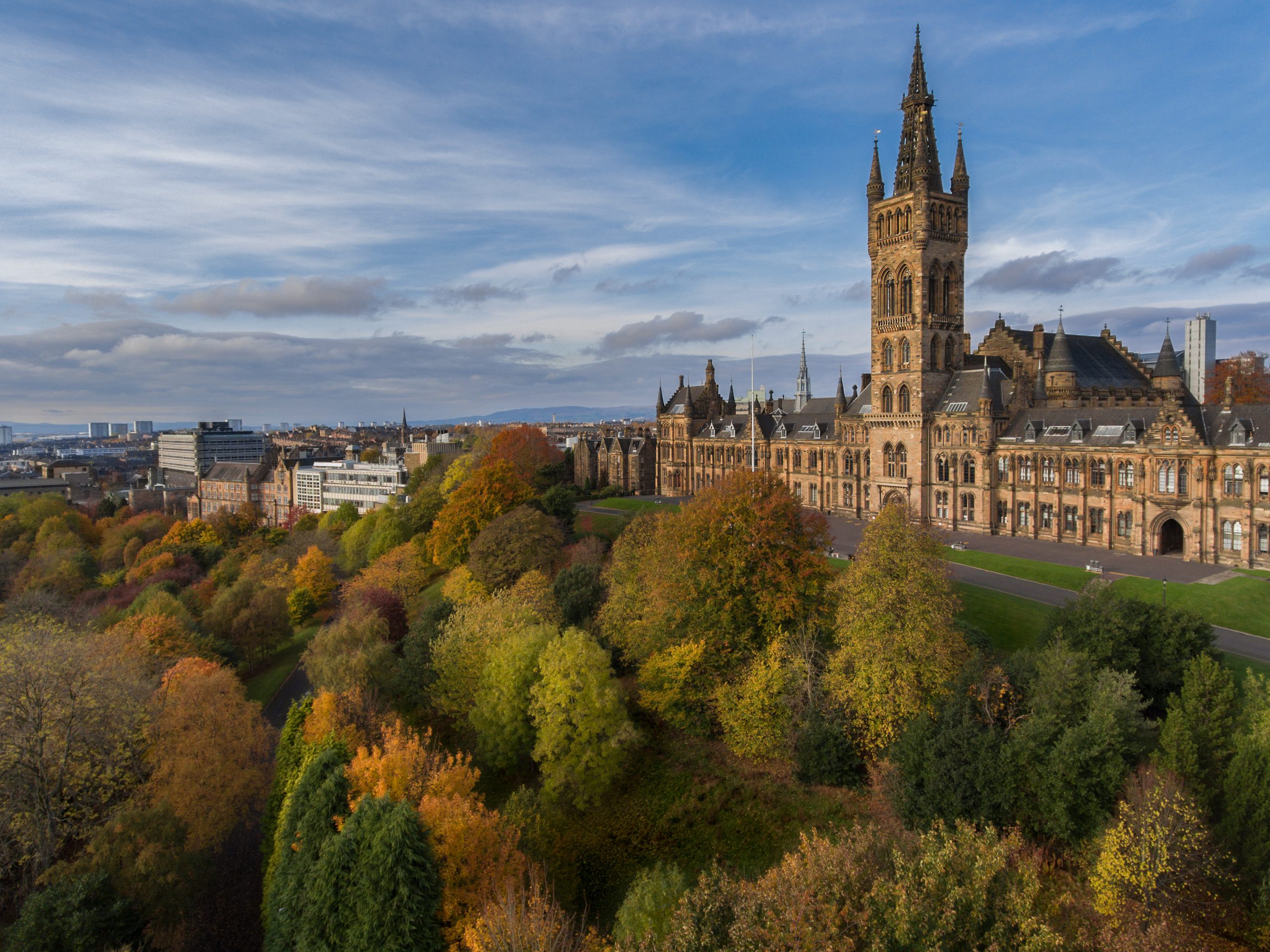 Glasgow University Gilbert Scott Building Aerial shot taken from Drone over Kelvingrove Park