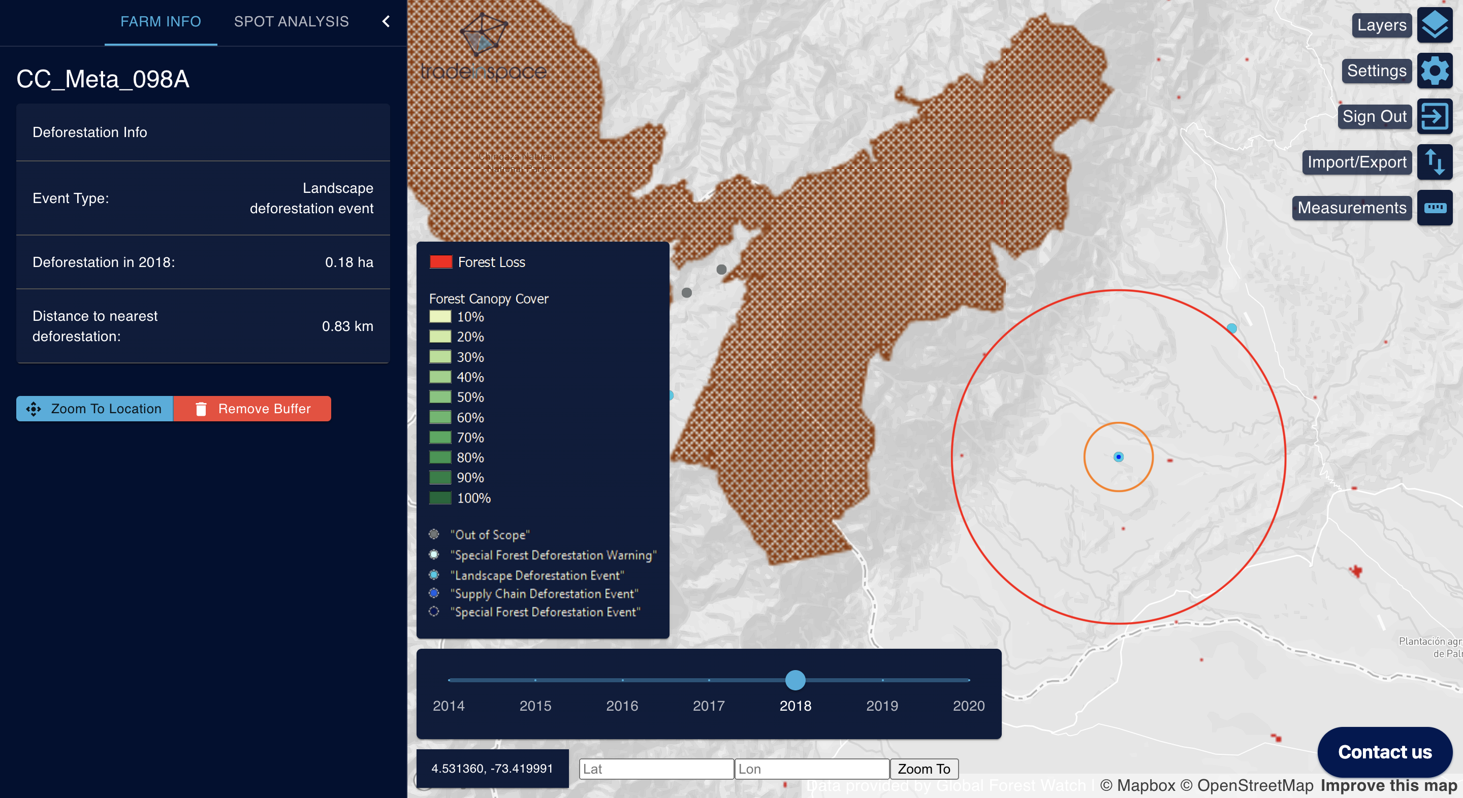 Snapshot of Trade In Space's app showing farm info for a location in Colombia, including deforestation over time