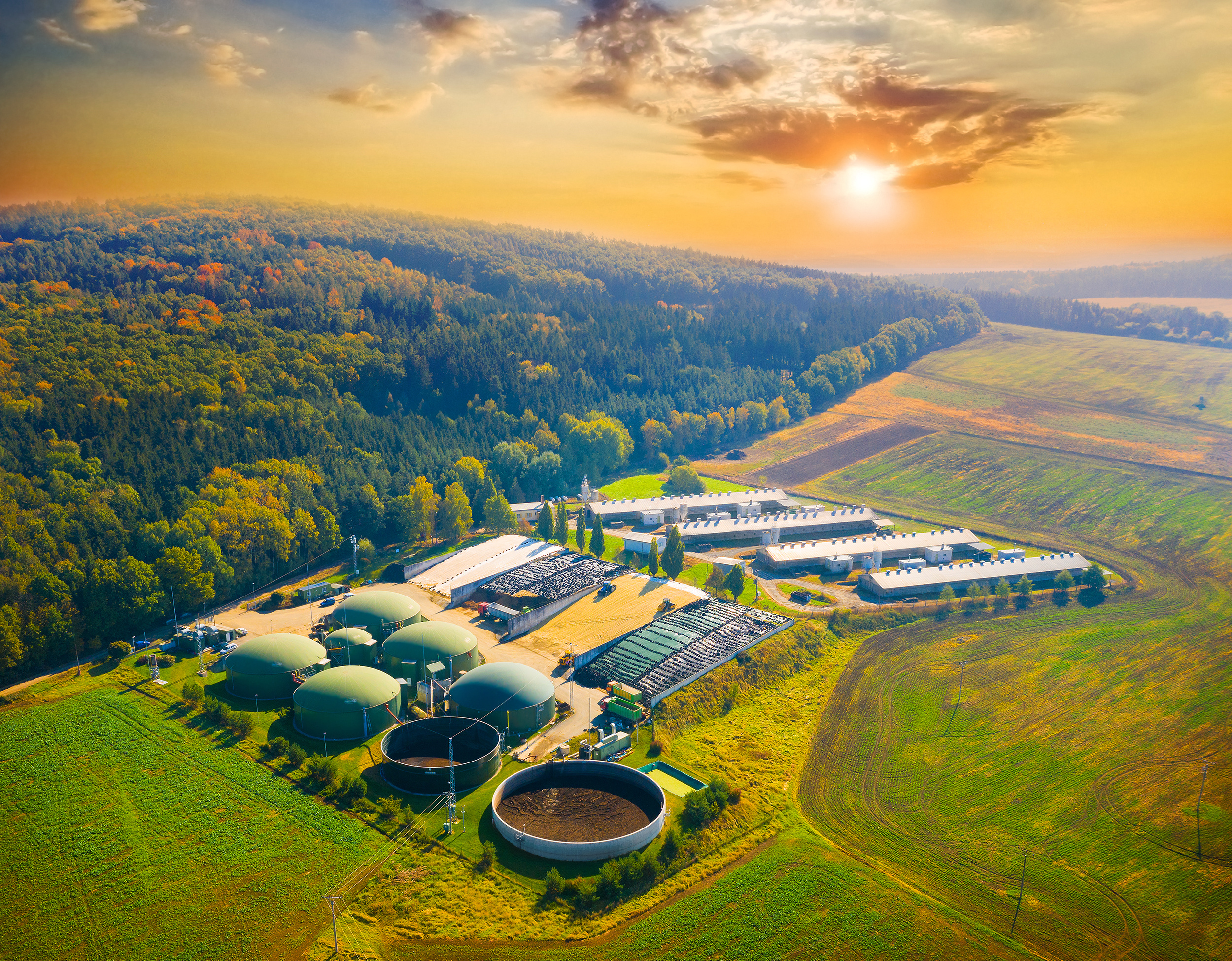 Aerial image showing a biomass plant in fields.