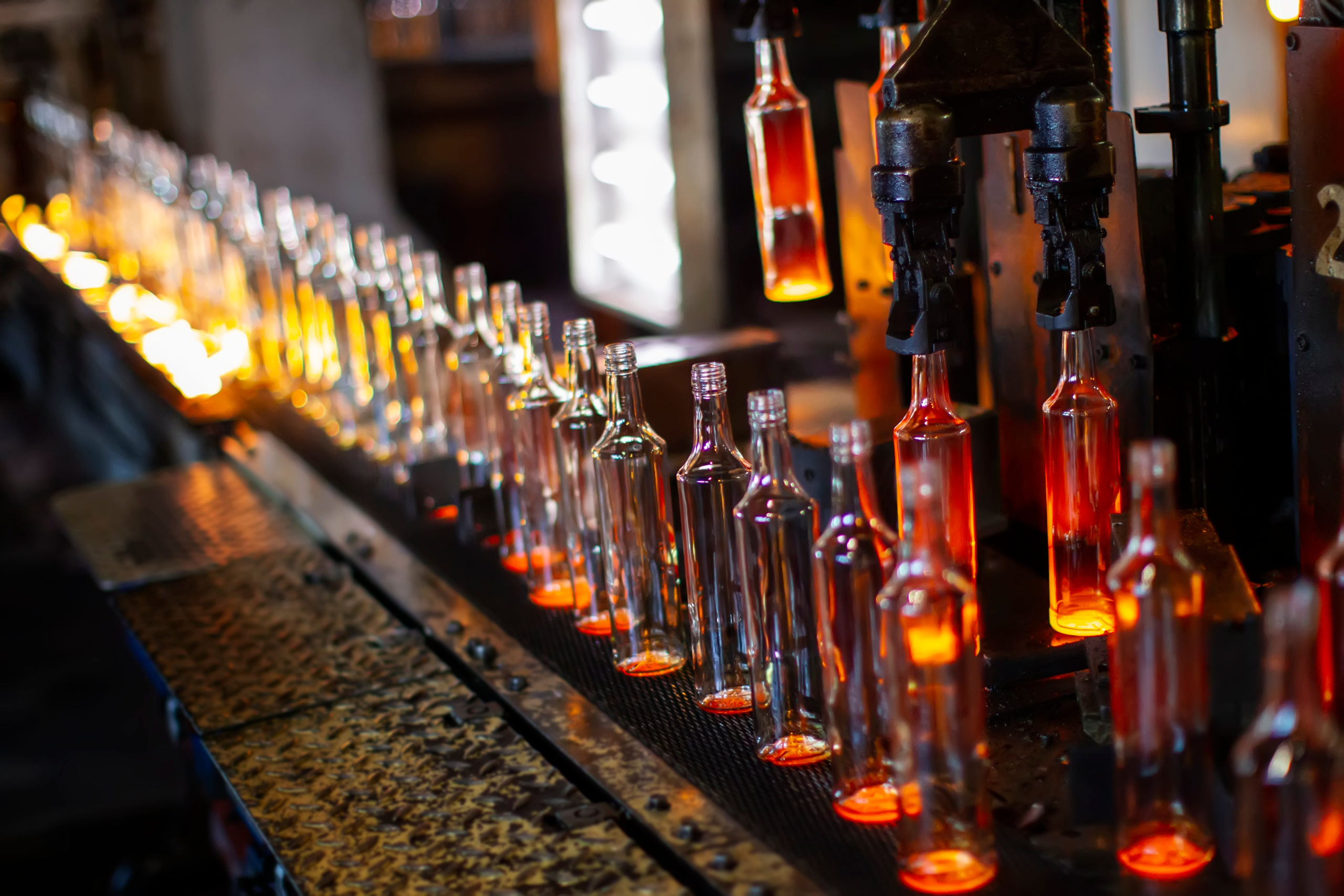 Glass bottles on production line