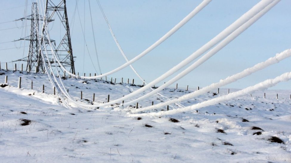 An example of an overhead line sagging due to ice build up - Image credit: SSEN-T