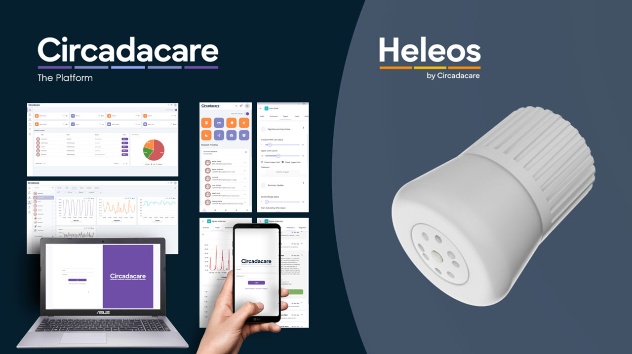 image shows a light fitting and screenshots of a digital platform for web and mobile
