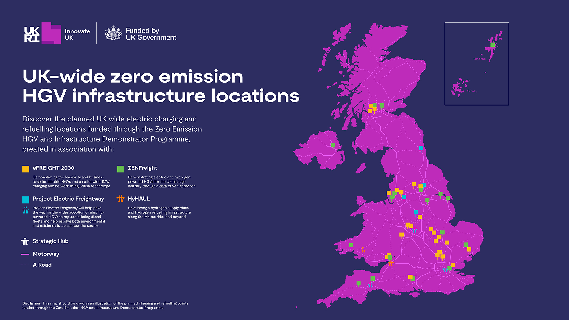 A map of the UK illustrating the UK-wide zero emission HGV infrastructure locations.