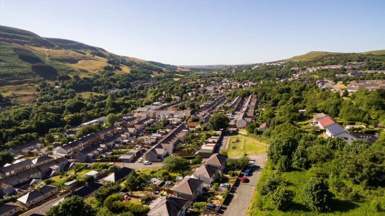 Aerial overhead view of houses in the Welsh Valley of Blaenau Gwent