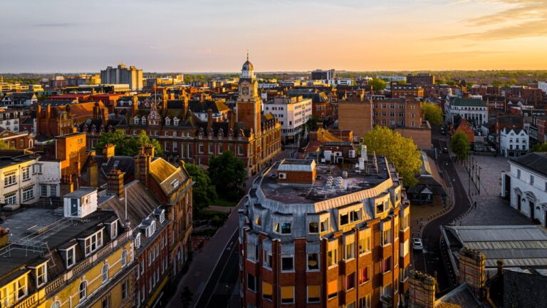 Aerial view of Leicester Town hall in Leicester, a city in England’s East Midlands region