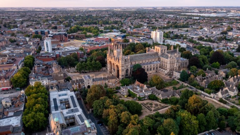 Aerial cityscape skyline of Peterborough Cathedral and city centre