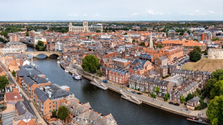 Aerial landscape panorama of the River Ouse and York cityscape skyline