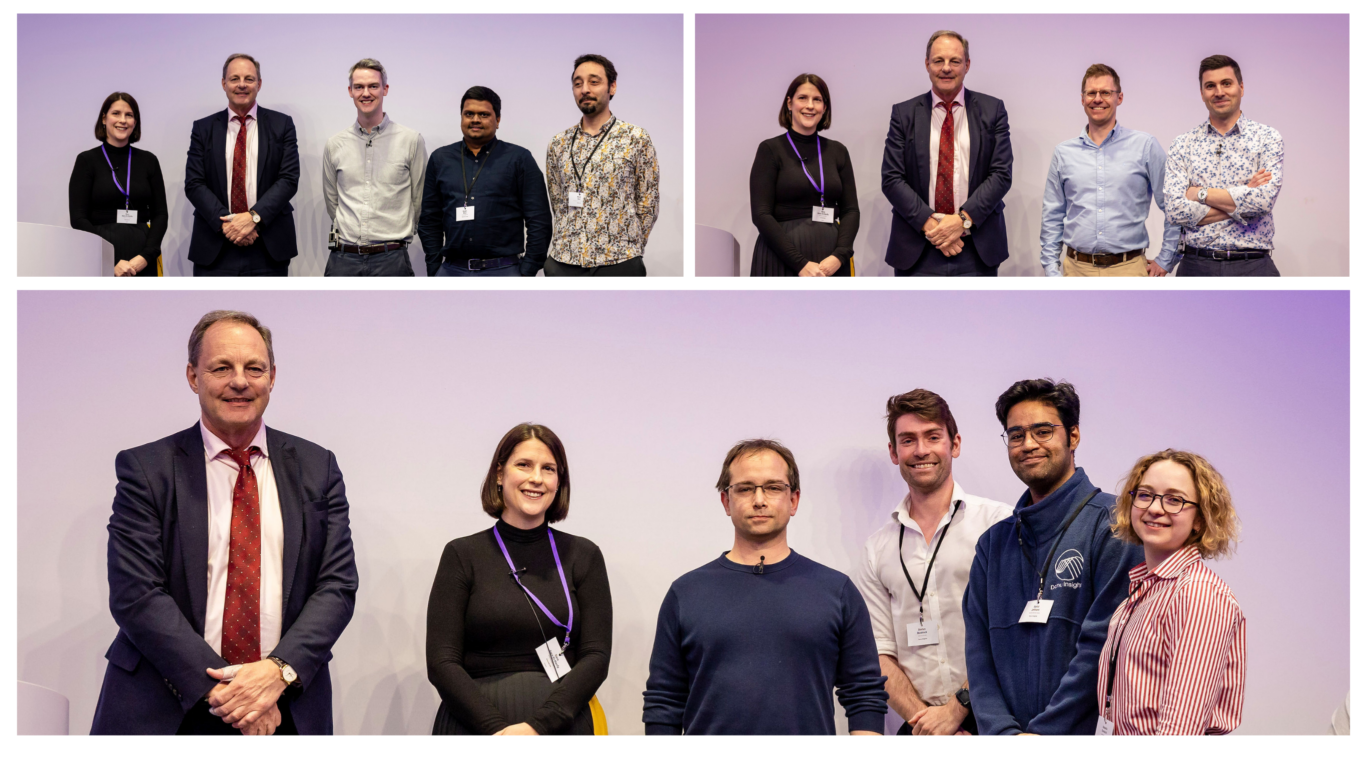 Winners panel at Agentic AI Pioneers Prize: Clockwise: Sara El-Hanfy, Head of Artificial Intelligence and Machine Learning at Innovate UK and David Smith, National Technology Advisor - Department for Science, Innovation and Technology with winners – Top left Tellme, top right Singular Machine and Bottom Danu Insights