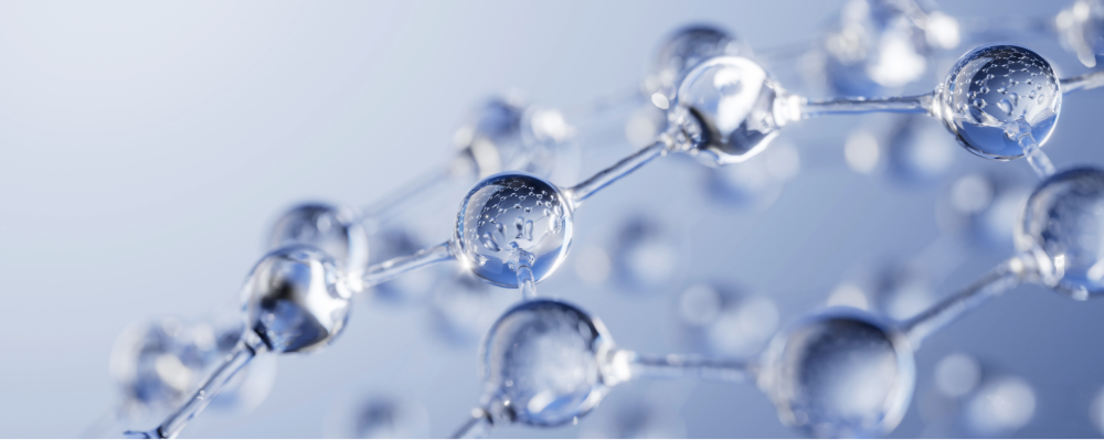 A close-up image of a molecular structure, composed of spheres.